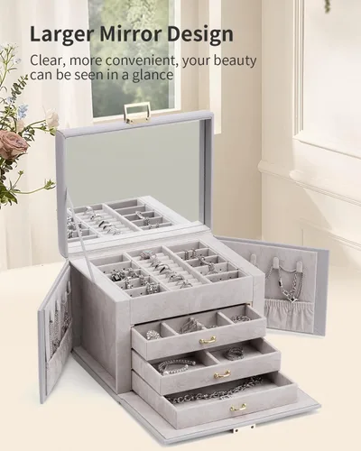 Miniatura 7 de Vlando Joyero de 4 niveles, cajas de joyería y organizadores con asa, 3 cajones de viaje con espejo, almacenamiento de joyas, aretes, collares