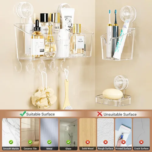 Miniatura 7 de LUXEAR Organizador de ducha con ventosa transparente – organizador de ducha + jabonera+soporte para cepillo de dientes – 1 segundo instalación sin