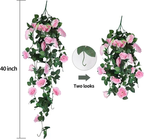 Miniatura 7 de RECUTMS Flores Colgantes Artificiales de Rosa 2 Piezas 1 Metro para Exteriores con 30 Luces de Hadas LED en Forma de Cadena Falsa para Exteriores