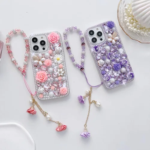Cadena para teléfono celular con colgante de flor de cristal, llavero de cordón con cuentas, correa móvil antideslizante y antipérdida para Blanco