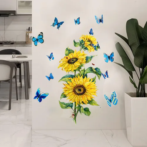 Miniatura 7 de Calcomanías de pared de girasol con mariposa 3D, calcomanías de pared de flores amarillas, SPRT impermeable y extraíble, calcomanías de pared