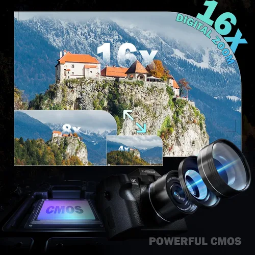Miniatura 4 de Cámaras digitales 5K para fotografía de 64MP - Zoom de 16X, WiFi, con tarjeta TF de 64 GB, lente macro y gran angular, enfoque automático y Negro