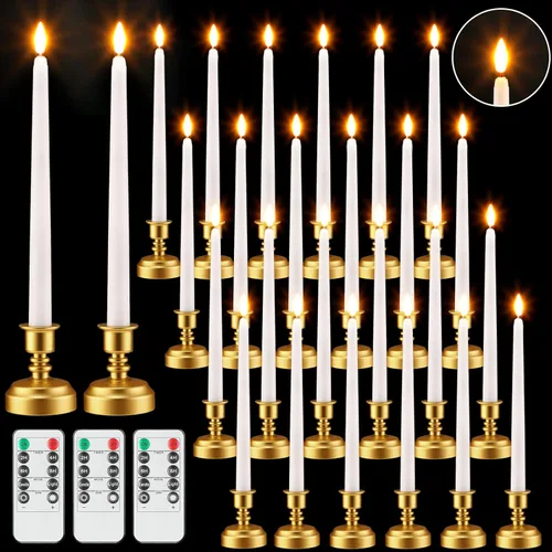 Fumete Paquete de 24 velas cónicas sin llama con control remoto y temporizador, velas LED parpadeantes realistas con llama 3D, ventana LED con base,