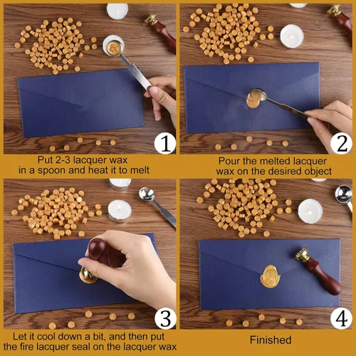 Miniatura 3 de NACHLYNN 600 cuentas de sello de cera dorada con 1 cuchara de fusión y 4 velas de té para tarjetas de felicitación de letras, manualidades de Dorado