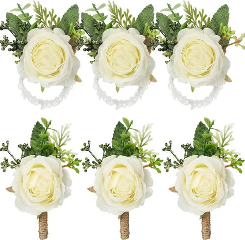 Miniatura 10 de Sherr Juego de 20 ramilletes de rosas y boutonniere, ramillete de muñeca de flores, pulsera de pulsera para novio y hombre, boutonniere de boda