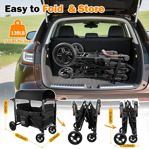Miniatura 8 de Cochecito para 2 niños, cochecito todo terreno con extensor extralargo, vagón plegable de aluminio con asientos convertibles, toldo extraíble