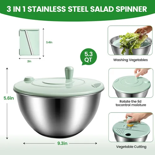 Miniatura 3 de Ensaladera de acero inoxidable 3 en 1, base antideslizante y parada con un solo toque, secadora de verduras para cocinas, fiestas y personas