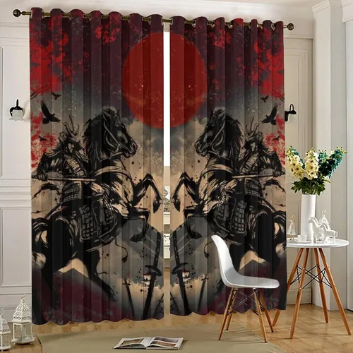 Miniatura 5 de Cortinas opacas abstractas japonesas samuráis para dormitorio, caballo samurái rústico, rojo, ojal, aislamiento térmico, cortinas de oscurecimiento