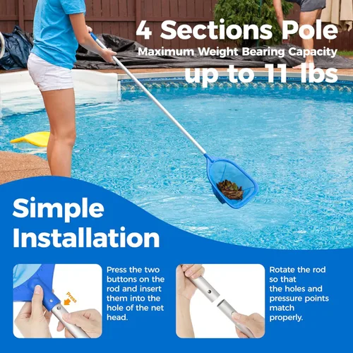 Miniatura 6 de Mowend Red de desnatador de piscina de longitud total de 57 pulgadas, red de rastrillo de hojas con poste telescópico de aluminio de 4 secciones Azul