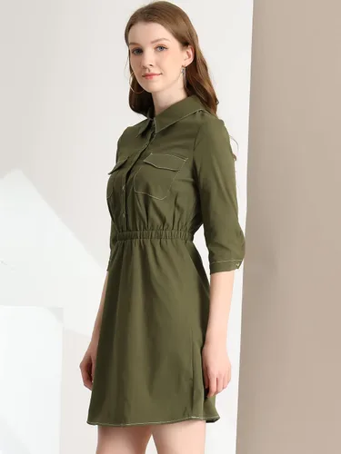 Miniatura 4 de Allegra K Vestido de manga 34 con cuello y cintura elástica para mujer, M