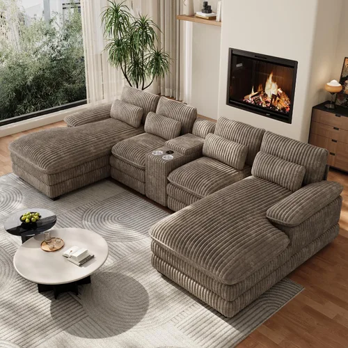 Miniatura 11 de Sofá seccional en forma de U de 132 pulgadas, mullido y afelpado de pana de 4 asientos, sofás seccionales color negro para sala de estar, cómodo