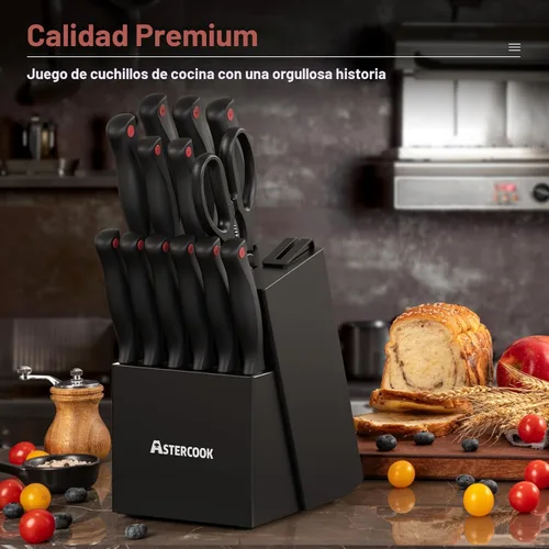 Miniatura 5 de Astercook - Juego de cuchillos de 15 piezas para cocina con bloque, juego de cuchillos de cocina aptos para lavavajillas con bloque afilador