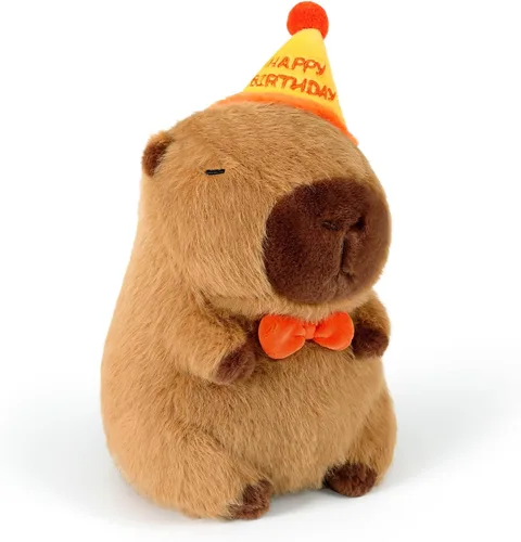Ditucu Lindo Peluche de Capibara con Sombrero de Cumpleaños Feliz y Lazo, Animal de Peluche Suave, Juguetes de Peluche para Niños, Decoración de