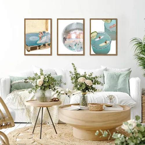 Miniatura 4 de Juego de 3 pinturas de pared costeras azules enmarcadas, decoración de pared de playa con bola de discoteca preppy, pinturas de surf retro Y2K