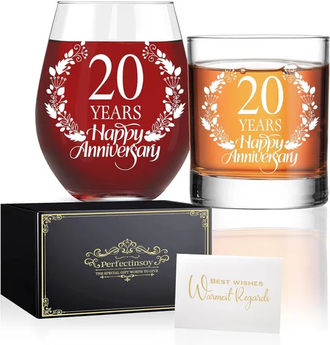 Perfectinsoy Juego de regalo de copa de whisky sin tallo, 20 años de feliz aniversario, regalo de boda para mamá, papá, alma gemela, pareja, regalos
