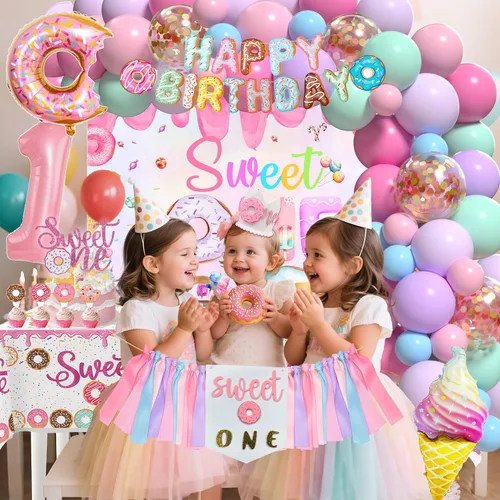 Miniatura 3 de Decoraciones de primer cumpleaños para niña, decoración de primer cumpleaños con telón de fondo, cajas de globos, mantel, decoración de pastel
