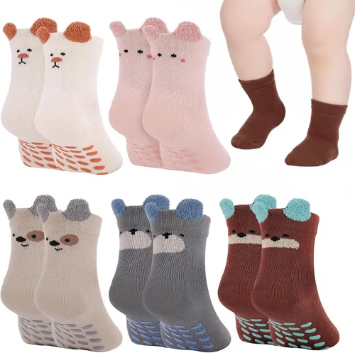 Jspupifip Toddler Non-Slip Socks with Grips 5 Pairs Cotton Cute Baby Cartoon Floor Crew Socks Indoor Soft Cotton Ankle Sock