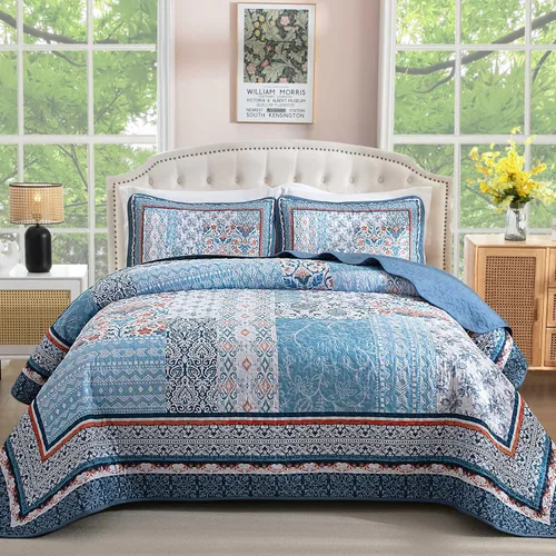 Miniatura 13 de WONGS BEDDING Juego de edredón bohemio tamaño matrimonial, juego de colcha de retazos beige de 3 piezas, juego de ropa de cama de microfibra suave