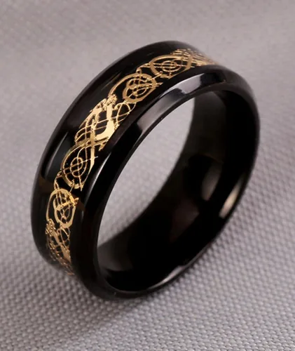 Miniatura 4 de Anillo de boda Tanyoyo de acero inoxidable de oro negro con motivo de dragón celta, tamaños 7 a 14.