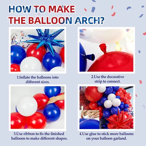 Miniatura 3 de Kit de arco de guirnalda de globos rojos, blancos y azules, 5, 10, 12, 18 pulgadas, globos de látex de confeti rojo, blanco y azul