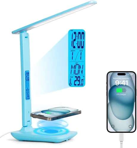 Lámpara de escritorio LED multifuncional con cargador inalámbrico, puerto de carga USB, reloj, soporte para teléfono, lámparas de escritorio para