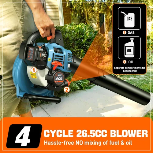 Miniatura 6 de SENIX 4QL Soplador de hojas portátil a gas de 4 ciclos de 26.5 cc para limpieza del cuidado del césped, hasta 410 CFM y 125 MPH, peso ligero, mango