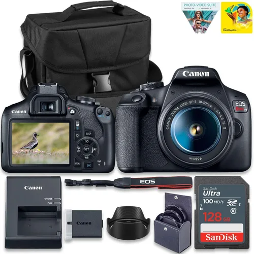Canon Cámara DSLR EOS Rebel T7 con lente EF-S 0.709-2.165 in f/3.5-5.6 is II + SanDisk Ultra 128 GB + Software de fotos y video + capucha tulipán +