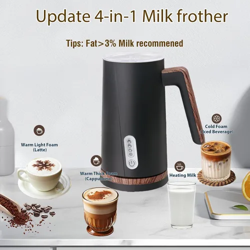 Miniatura 2 de Espumador de leche eléctrico y vaporizador, vaporizador de leche 4 en 1 con diseño de elementos de madera, máquina automática de espuma fría