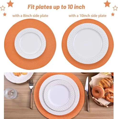 Miniatura 21 de Feuille Juego de 4 manteles individuales redondos trenzados para mesa de comedor, tejidos, lavables, antideslizantes, 13.5 pulgadas