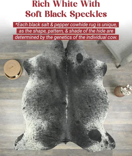 Miniatura 5 de HIDES BAZAAR Alfombra de piel de vaca negra con sal y pimienta, alfombra blanca y negra de primera calidad para sala de estar y más, alfombra única