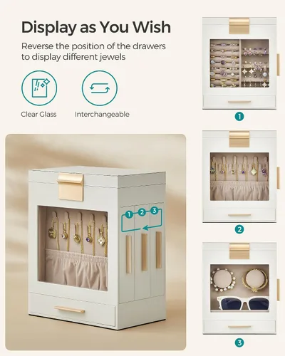 Miniatura 3 de SONGMICS Joyero con ventana de cristal, organizador de joyas de 5 capas con 3 cajones laterales, almacenamiento de joyas, con espejo grande
