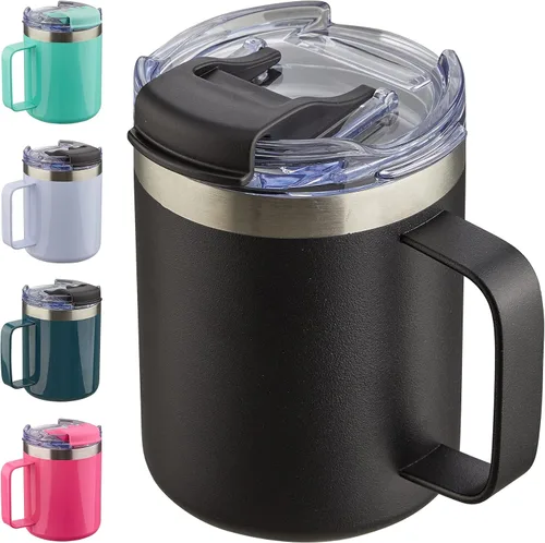 Miniatura 32 de Taza de café aislada de 12 onzas con asa, taza de café de viaje de acero inoxidable con tapa abatible, vaso de café de doble pared con aislamiento