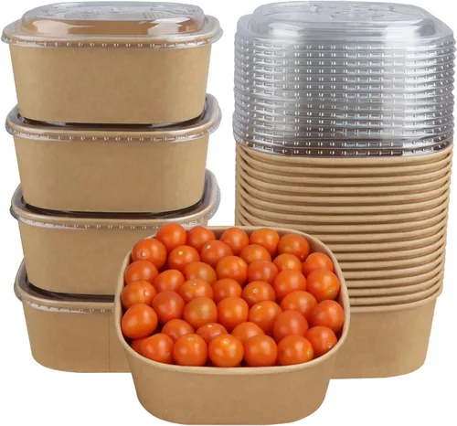 Miniatura 10 de Cuencos desechables de papel kraft de 17 onzas con tapas, recipientes de alimentos, cuencos de sopa, suministros de fiesta, cuencos de golosinas