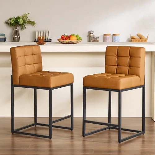 Miniatura 10 de GrandNoor Juego de 2 taburetes de bar modernos de piel sintética beige de 25 pulgadas con patas traseras de metal resistentes, cableado a cuadros