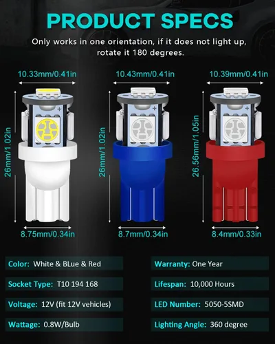 Miniatura 2 de Alopee Paquete de 30 bombillas LED 194 multicolor blanco/azul/rojo combo 12V DC T10 base de cuña 5SMD-5050 para 168 921 2825 W5W 158 501 coche
