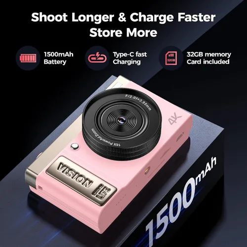 Miniatura 5 de Cámara digital 4K rosa para niñas y adolescentes: cámara de vlogging de 64 MP con pantalla abatible, zoom de 16X, bonita cámara compacta