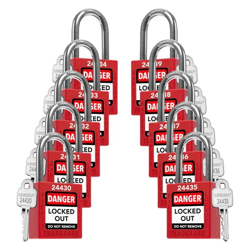 Miniatura 14 de TRADESAFE Juego de cerraduras de bloqueo - 7 cerraduras de loto rojas, cerraduras de bloqueo con llave diferente, 1 llave por cerradura, candados