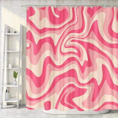 Cortina de ducha estética abstracta de los años 70, bonita cortina de baño rosa y beige, accesorios de baño estéticos retro minimalistas, juego de