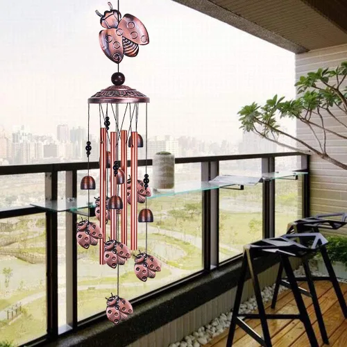 Miniatura 5 de Campanillas de viento de mariquita para decoración al aire libre – con 4 tubos, 6 campanas, 7 mariquitas de 36 pulgadas, impermeables, móviles