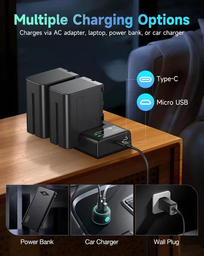 Miniatura 4 de FirstPower Paquete de 2 baterías NP-F970 y cargador dual USB para batería Sony NP-F970 F960 F950 F930 F750 F570 F550 F530 F330 y Sony Handycams