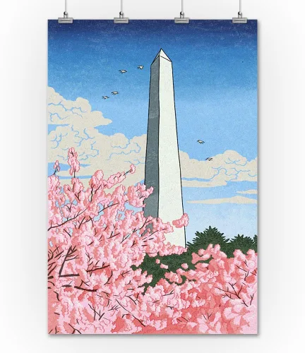Miniatura 2 de Washington, DC, Monumento de Washington, Flores de cerezo (36 x 54 pulgadas, póster de viaje para decoración de pared)