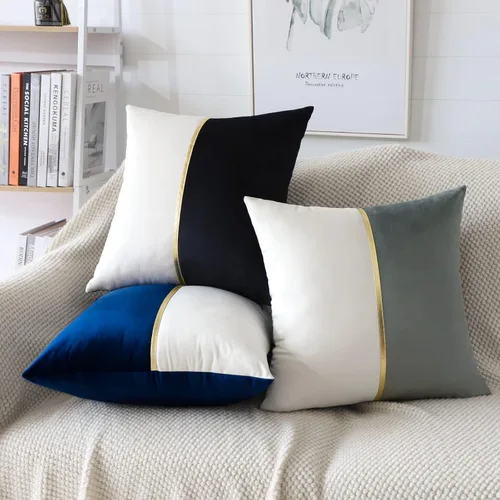 Miniatura 8 de OTOSTAR Fundas de almohada de terciopelo negro y blanco con parche de cuero dorado, lujo moderno minimalista, fundas de cojín cuadradas para sala