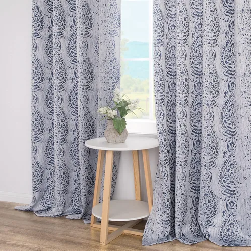 Miniatura 8 de Cortinas con patrón azul marino de 84 pulgadas de largo para sala de estar, juego de 2 paneles con ojales, estampado de medallón de damasco