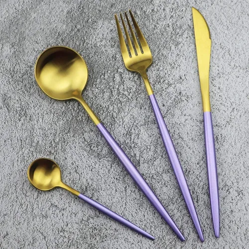 Miniatura 12 de Juego de cubiertos de oro mate, 5 piezas de acero inoxidable 18/10 con acabado satinado, servicio para 1, cuchara tenedor de cuchillo con pajitas