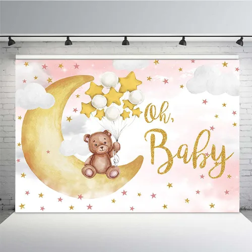 Miniatura 8 de MEHOFOND Oh Baby Bear - Telón de fondo para baby shower, género neutro, decoración de fiesta de cumpleaños, pancarta de oso en la luna, globos