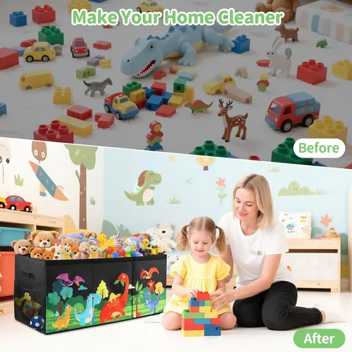 Miniatura 7 de Caja de juguetes extragrande para niños, organizador de juguetes plegable con divisores y tapas, contenedor de almacenamiento de dinosaurios de 148L