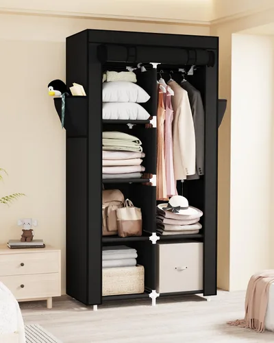 Miniatura 8 de Mavivegue Armario portátil, Armario de ropa, Armario portátil para colgar ropa, para dormitorio y sala de estar, Negro, 2 filas, 34" de ancho x 18