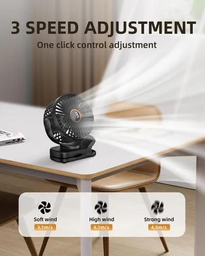 Miniatura 5 de TUNISE Mini ventilador con clip, ventilador de escritorio a pilas, pantalla digital, 3 velocidades ajustables, bidireccional ajustable de 360 °