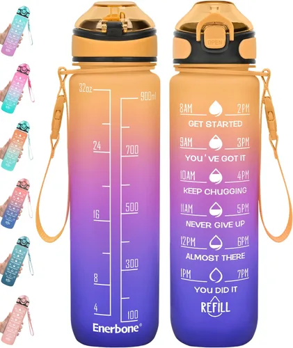 Miniatura 27 de Enerbone Botella de agua potable de 32 oz con tiempos para beber y popote, motivacional con correa para llevar, a prueba de fugas, sin BPA ni