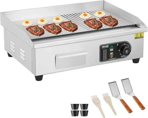 Miniatura 16 de VEVOR Plancha eléctrica comercial, 21 x 11.8 pulgadas, 1750 W, control de temperatura ajustable de 122-570 °F, parrilla superior plana de acero